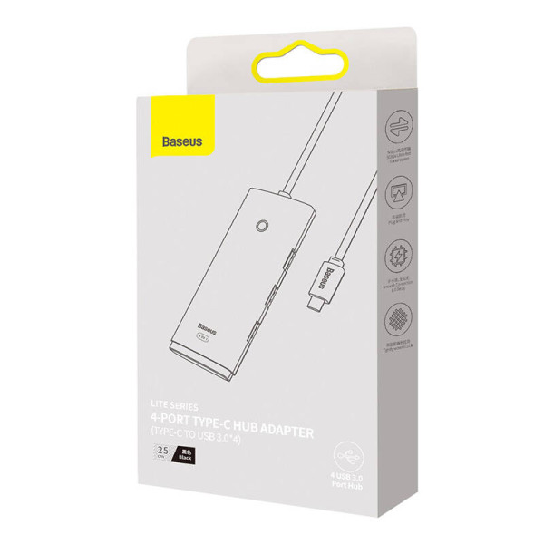 „Baseus Lite“ serijos šakotuvas 4 viename USB-C iki 4 x USB 30 + USB-C 25 cm juodas