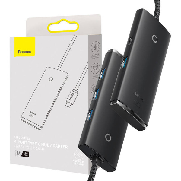 „Baseus Lite“ serijos šakotuvas 4 viename USB-C iki 4 x USB 30 + USB-C 25 cm juodas