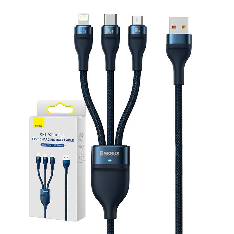 3in1 USB laidas „Baseus Flash“ serija USB-C + mikro USB + „Lightning“ 100 W 12 m mėlyna 3in1 USB laidas „Baseus Flash“ serija USB-C + mikro USB + „Lightning“ 100 W 12 m mėlyna