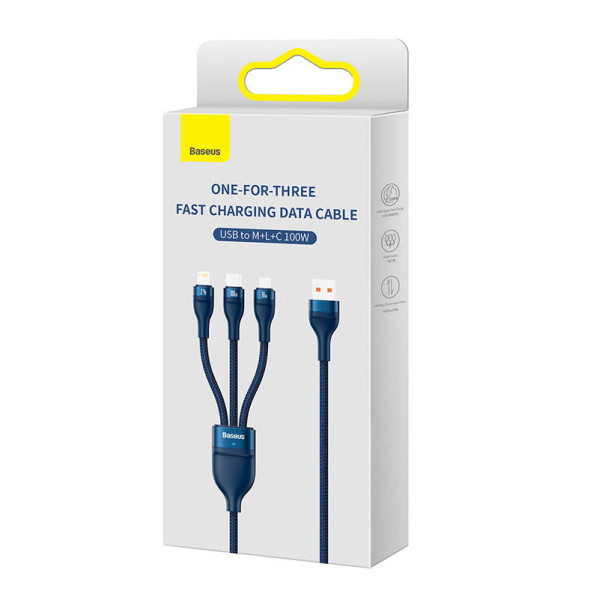 3in1 USB laidas „Baseus Flash“ serija USB-C + mikro USB + „Lightning“ 100 W 12 m mėlyna
