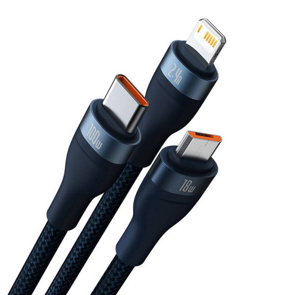 3in1 USB laidas „Baseus Flash“ serija USB-C + mikro USB + „Lightning“ 100 W 12 m mėlyna