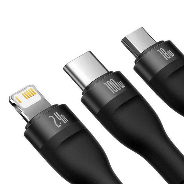 3in1 USB laidas Baseus Flash Series USB-C + micro USB + Lightning 100W 12m juodas