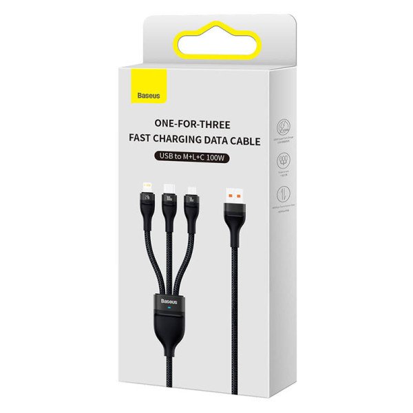 3in1 USB laidas Baseus Flash Series USB-C + micro USB + Lightning 100W 12m juodas