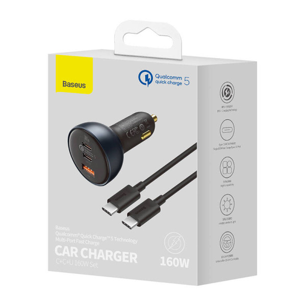 Automobilinis įkroviklis Baseus Qualcomm USB 2x USB-C 160 W pilka