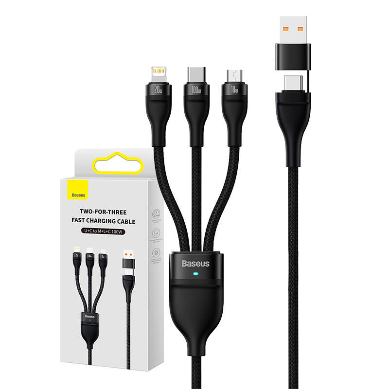 3 viename USB laidas „Baseus Flash Series 2“ USB-C + mikro USB + „Lightning“ 100 W 12 m juoda 3 viename USB laidas „Baseus Flash Series 2“ USB-C + mikro USB + „Lightning“ 100 W 12 m juoda