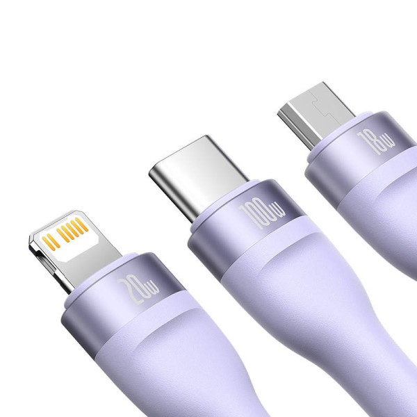 3in1 USB laidas „Baseus Flash Series 2“ USB-C + mikro USB + „Lightning“ 100 W 12 m violetinė