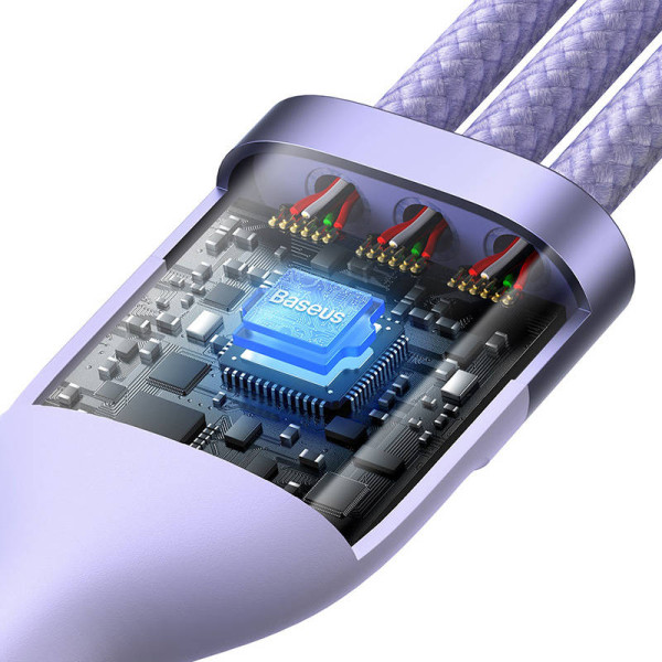 3in1 USB laidas „Baseus Flash Series 2“ USB-C + mikro USB + „Lightning“ 100 W 12 m violetinė