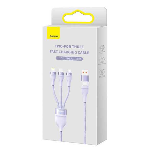 3in1 USB laidas „Baseus Flash Series 2“ USB-C + mikro USB + „Lightning“ 100 W 12 m violetinė