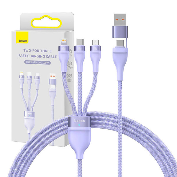 3in1 USB laidas „Baseus Flash Series 2“ USB-C + mikro USB + „Lightning“ 100 W 12 m violetinė