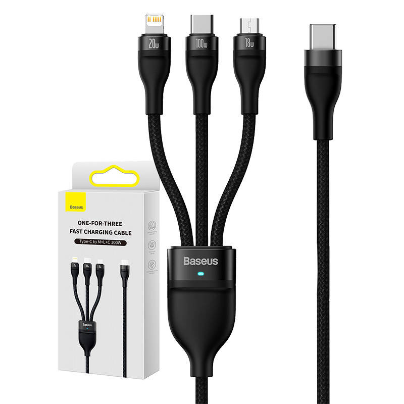 3in1 USB laidas „Baseus Flash Series 2“ USB-C + mikro USB + „Lightning“ 100 W 15 m juoda 3in1 USB laidas „Baseus Flash Series 2“ USB-C + mikro USB + „Lightning“ 100 W 15 m juoda
