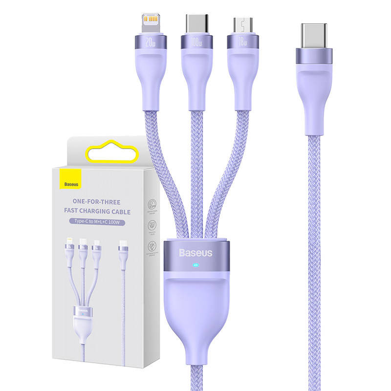 3 viename USB laidas „Baseus Flash Series 2“ USB-C + mikro USB + „Lightning“ 100 W 15 m violetinė 3 viename USB laidas „Baseus Flash Series 2“ USB-C + mikro USB + „Lightning“ 100 W 15 m violetinė