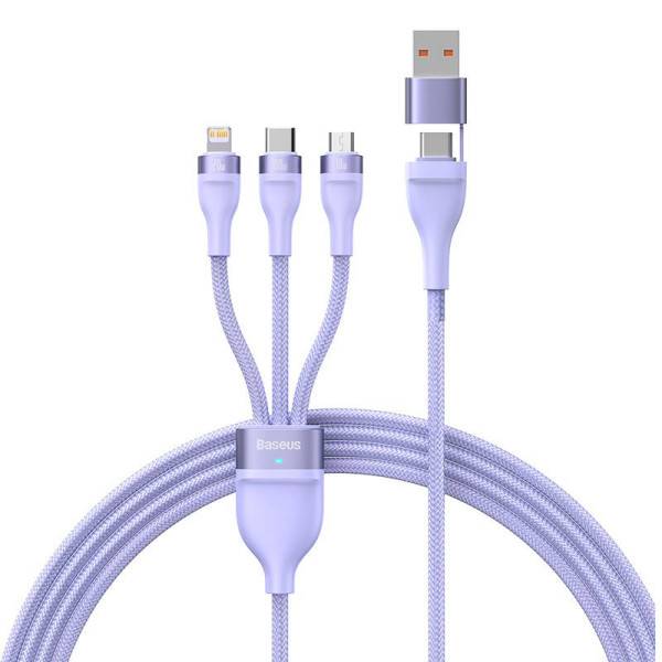 3 viename USB laidas „Baseus Flash Series 2“ USB-C + mikro USB + „Lightning“ 100 W 15 m violetinė