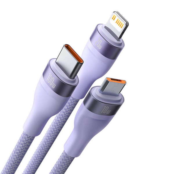 3 viename USB laidas „Baseus Flash Series 2“ USB-C + mikro USB + „Lightning“ 100 W 15 m violetinė
