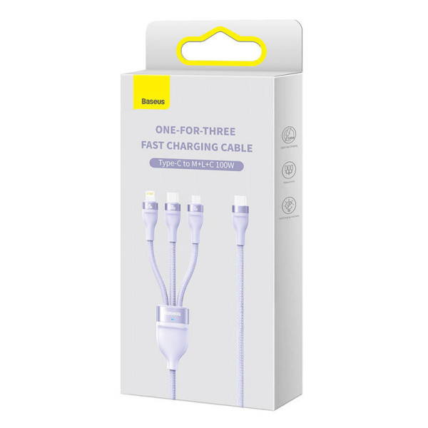 3 viename USB laidas „Baseus Flash Series 2“ USB-C + mikro USB + „Lightning“ 100 W 15 m violetinė