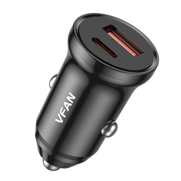 Automobilinis įkroviklis Vipfan C03 USB + USB-C 20W PD + QC 30 juodas