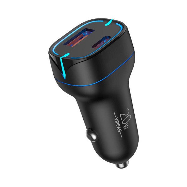 Automobilinis įkroviklis Vipfan C11 USB + USB-C PD 20W + QC 30 LED juodas