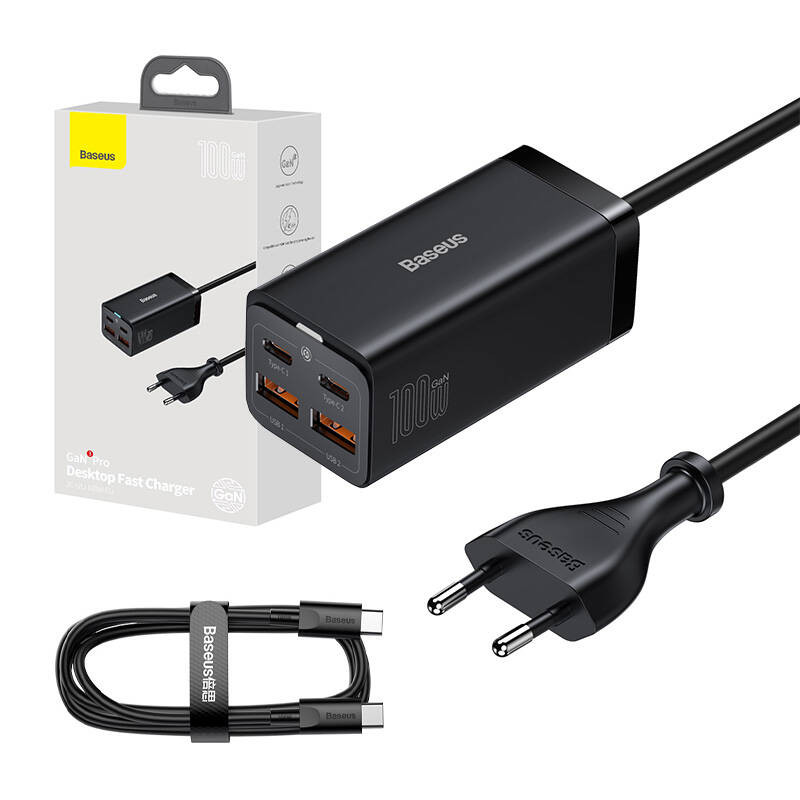 „Baseus GaN3 Pro“ sieninis įkroviklis 2xUSB-C + 2xUSB 100W juodas „Baseus GaN3 Pro“ sieninis įkroviklis 2xUSB-C + 2xUSB 100W juodas