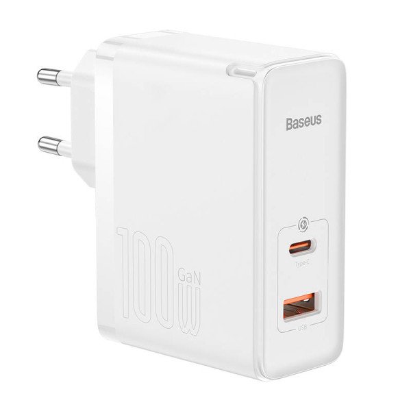 Sieninis įkroviklis Baseus GaN5 Pro USB-C + USB 100W + 1m laidas baltas