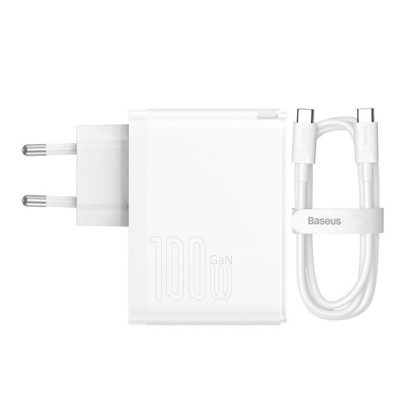 Sieninis įkroviklis Baseus GaN5 Pro USB-C + USB 100W + 1m laidas baltas