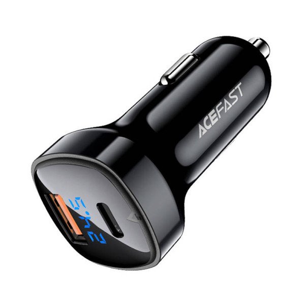 Automobilinis įkroviklis Acefast B4 66W USB-C + USB su ekranu juodas