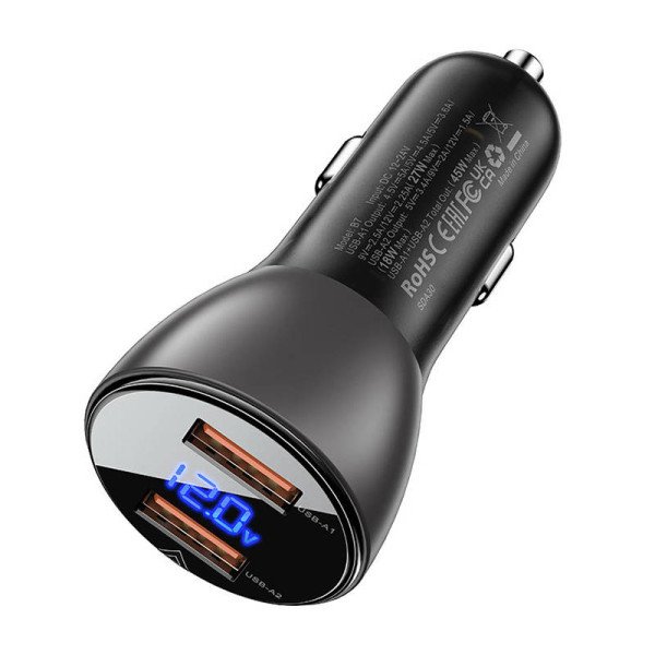 Automobilinis įkroviklis Acefast B7 45W 2x USB su ekranu juodas