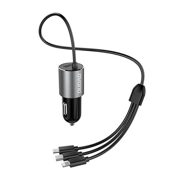 Automobilinis įkroviklis Dudao R5Pro 1x USB 34A + 3in1 USB-C / Micro USB / Lightning kabelis 17W pilkas