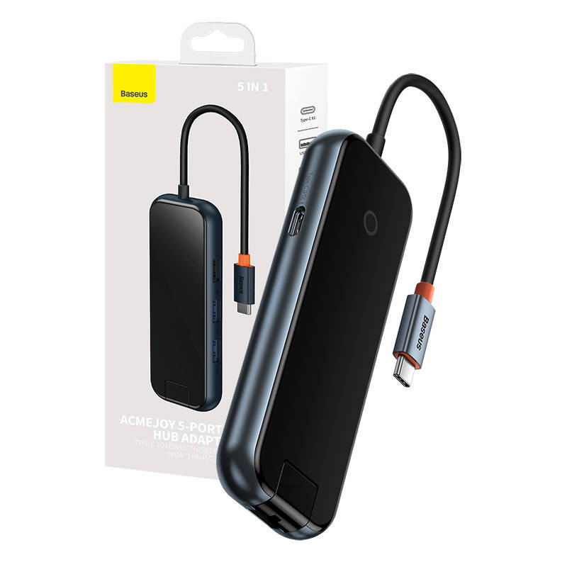 Hub 5in1 Baseus AcmeJoy serijos USB-C iki 2xUSB 30 + USB 20 + USB-C PD + RJ45 tamsiai pilka Hub 5in1 Baseus AcmeJoy serijos USB-C iki 2xUSB 30 + USB 20 + USB-C PD + RJ45 tamsiai pilka