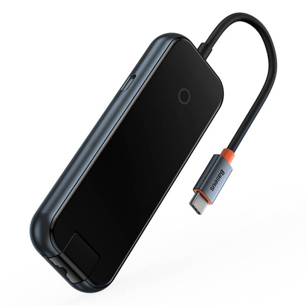 Hub 5in1 Baseus AcmeJoy serijos USB-C iki 2xUSB 30 + USB 20 + USB-C PD + RJ45 tamsiai pilka