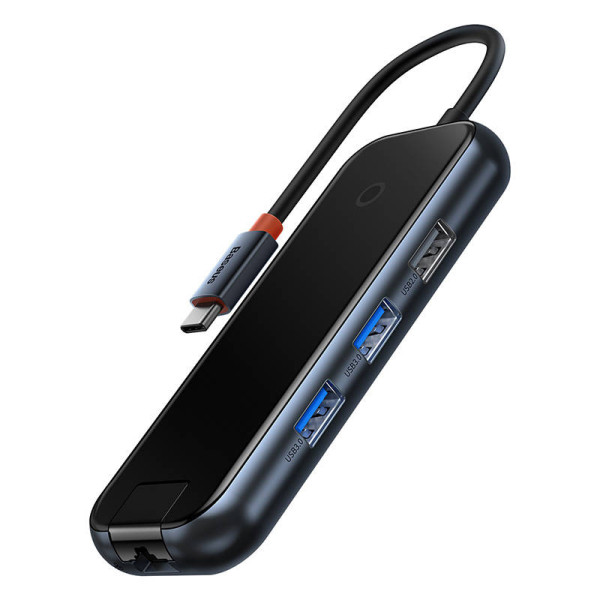 Hub 5in1 Baseus AcmeJoy serijos USB-C iki 2xUSB 30 + USB 20 + USB-C PD + RJ45 tamsiai pilka