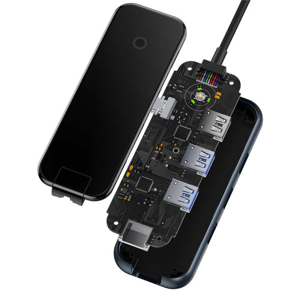 Hub 5in1 Baseus AcmeJoy serijos USB-C iki 2xUSB 30 + USB 20 + USB-C PD + RJ45 tamsiai pilka