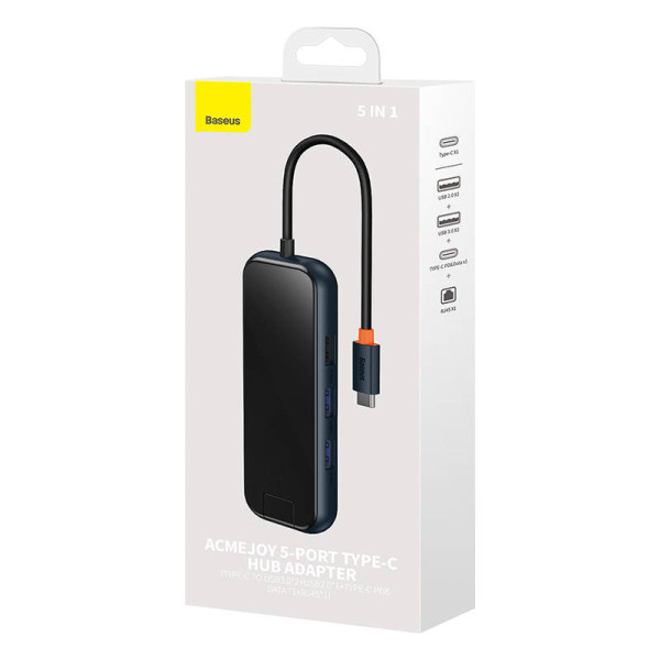 Hub 5in1 Baseus AcmeJoy serijos USB-C iki 2xUSB 30 + USB 20 + USB-C PD + RJ45 tamsiai pilka