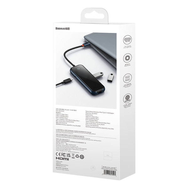 Hub 5in1 Baseus AcmeJoy serijos USB-C iki 2xUSB 30 + USB 20 + USB-C PD + RJ45 tamsiai pilka
