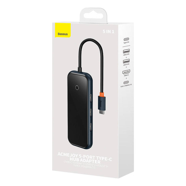 Hub 5in1 Baseus AcmeJoy serijos USB-C iki 2xUSB 30 + USB 20 + USB-C PD + HDMI tamsiai pilka