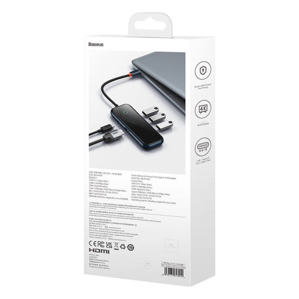 Hub 5in1 Baseus AcmeJoy serijos USB-C iki 2xUSB 30 + USB 20 + USB-C PD + HDMI tamsiai pilka