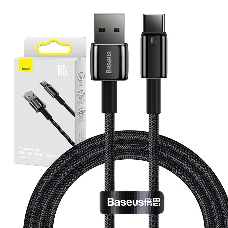 „Baseus“ volframo auksinis kabelis iš USB į USB-C 100 W 1 m juodas „Baseus“ volframo auksinis kabelis iš USB į USB-C 100 W 1 m juodas