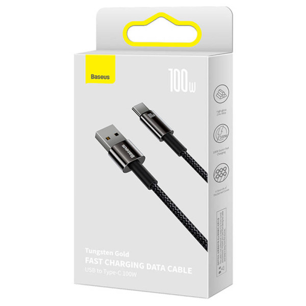 „Baseus“ volframo auksinis kabelis iš USB į USB-C 100 W 1 m juodas