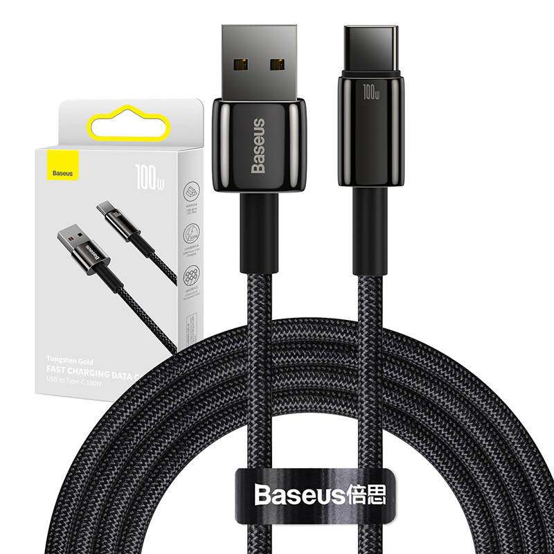 „Baseus“ volframo auksinis kabelis iš USB į USB-C 100 W 2 m juodas „Baseus“ volframo auksinis kabelis iš USB į USB-C 100 W 2 m juodas