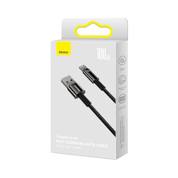 „Baseus“ volframo auksinis kabelis iš USB į USB-C 100 W 2 m juodas