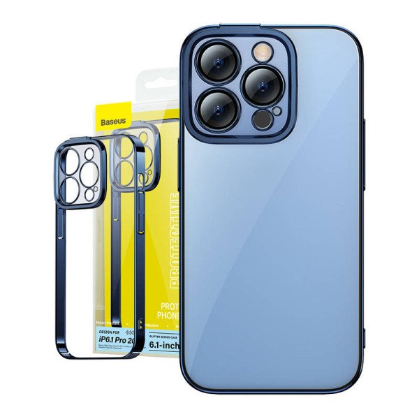 „Baseus Glitter“ skaidrus dėklas ir grūdintas stiklas skirtas „iPhone 14 Pro“ mėlynas