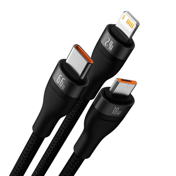 3in1 USB laidas Baseus Flash II Series USB-C + mikro USB + Lightning 66W 12m juodas