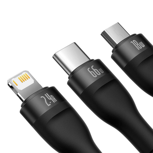 3in1 USB laidas Baseus Flash II Series USB-C + mikro USB + Lightning 66W 12m juodas