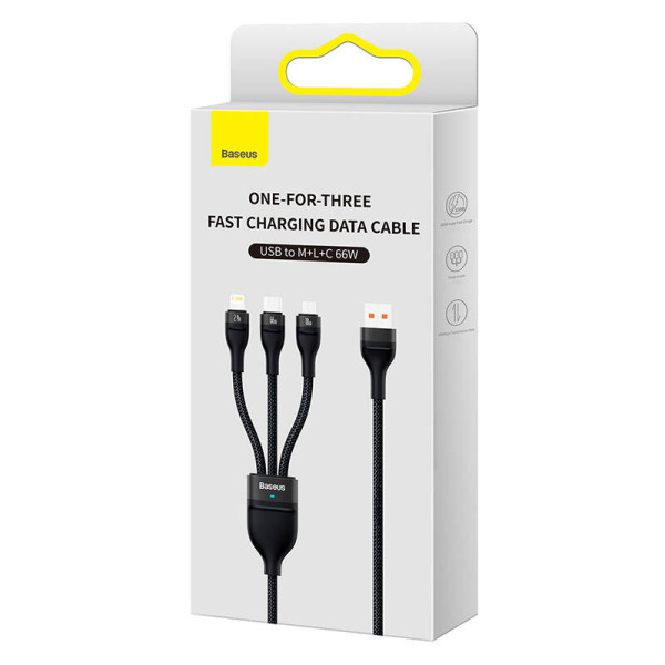 3in1 USB laidas Baseus Flash II Series USB-C + mikro USB + Lightning 66W 12m juodas