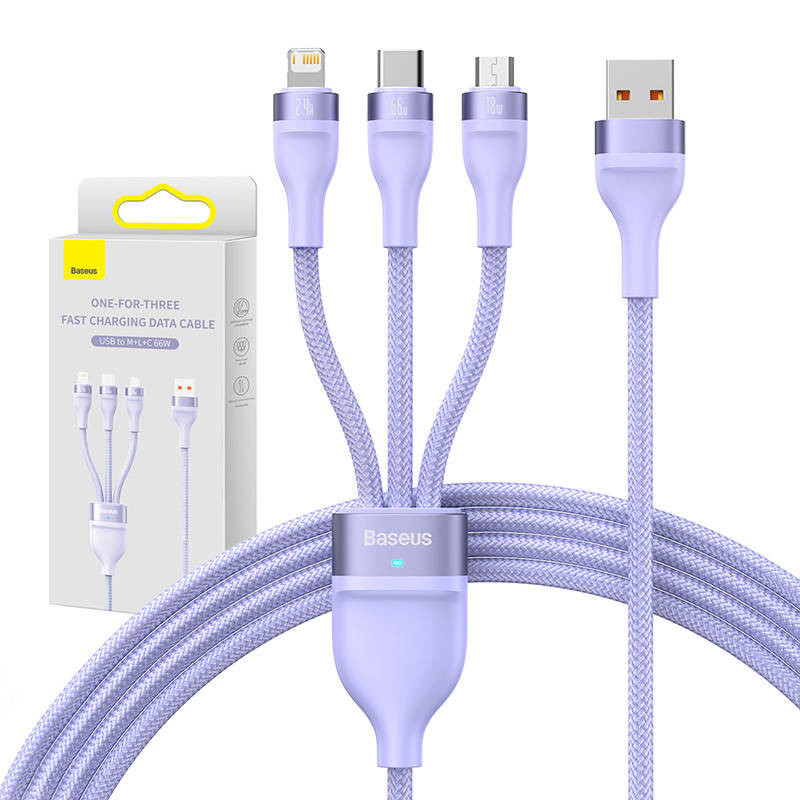 3 viename USB laidas „Baseus Flash II“ serija USB-C + mikro USB + „Lightning“ 66 W 12 m violetinė 3 viename USB laidas „Baseus Flash II“ serija USB-C + mikro USB + „Lightning“ 66 W 12 m violetinė
