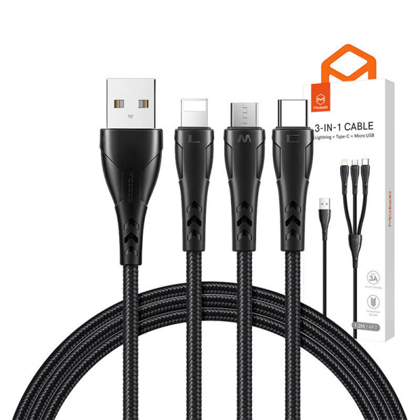 3in1 USB į USB-C / Lightning / Micro USB kabelis Mcdodo CA-6960 12 m juodas
