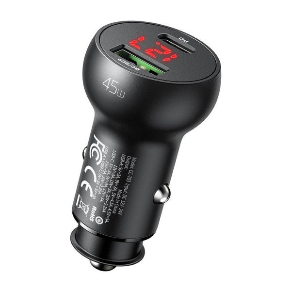 Automobilinis įkroviklis Mcdodo CC-7030 USB + USB-C su ekranu 45 W juodas