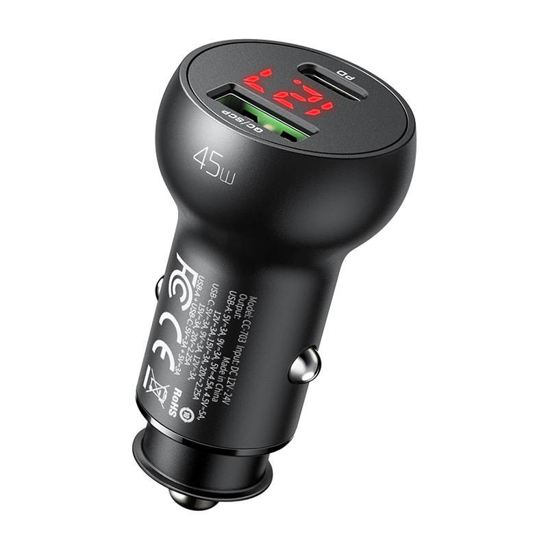 Automobilinis įkroviklis Mcdodo CC-7030 USB + USB-C su ekranu 45 W juodas Automobilinis įkroviklis Mcdodo CC-7030 USB + USB-C su ekranu 45 W juodas