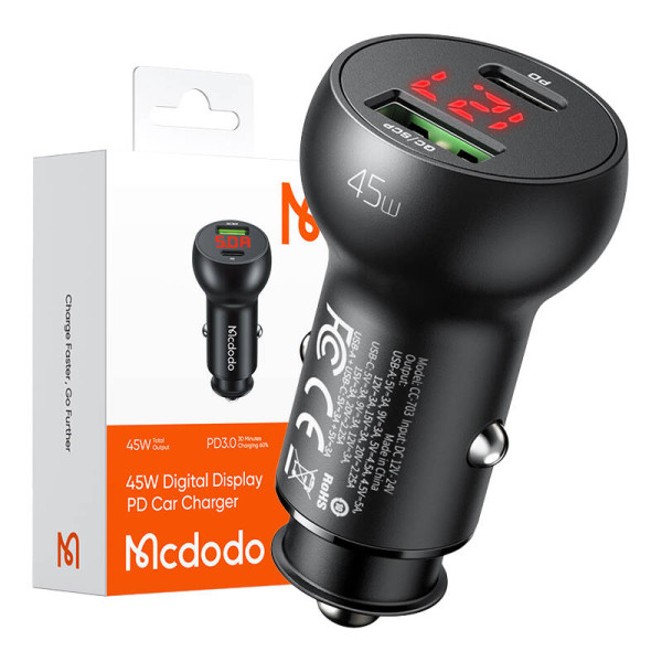 Automobilinis įkroviklis Mcdodo CC-7030 USB + USB-C su ekranu 45 W juodas