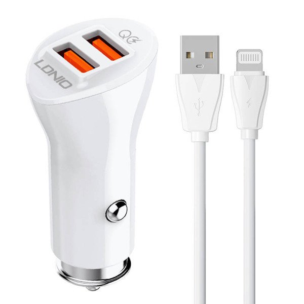 LDNIO C511Q 2USB Automobilinis pakrovėjas + Lightning laidas