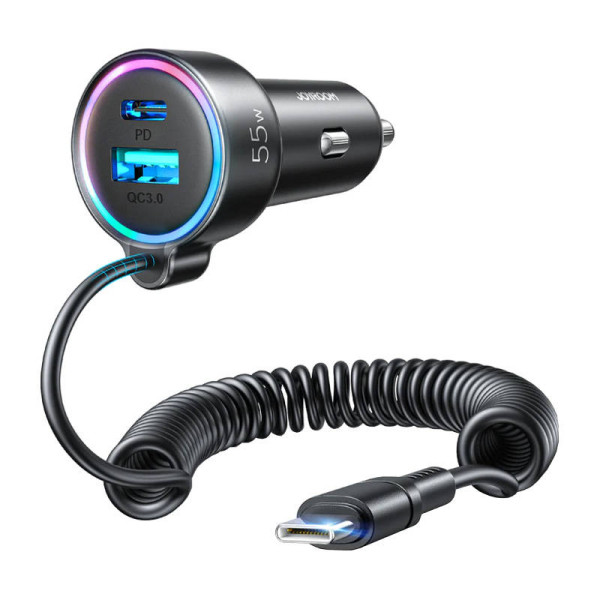 Automobilinis įkroviklis Joyroom JR-CL07 3-in-1 1x USB + 1x PD 55W + Type-C laidas juodas