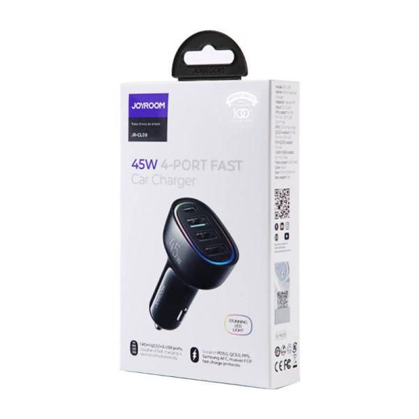 Automobilinis įkroviklis Joyroom JR-CL09 4 prievadai 1x USB-C PD 1x QC30 USB 2x USB juodas